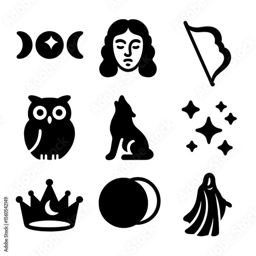 Lunar Mythology Symbols. Solid, filled icon set of lunar mythology symbols: moon phases, Selene’s face, silver bow, night owl,