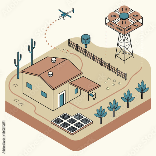 Isometric view of a desert homestead with solar panels water tower and a crop duster airplane above