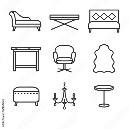 Luxury Furniture Icons. Outline icon set of Luxury Furniture Accents: velvet chaise lounge, gold-accented coffee table, tufted