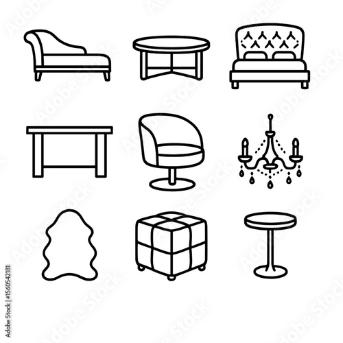 Luxury Furniture Icons. Outline icon set of Luxury Furniture Accents: velvet chaise lounge, gold-accented coffee table, tufted