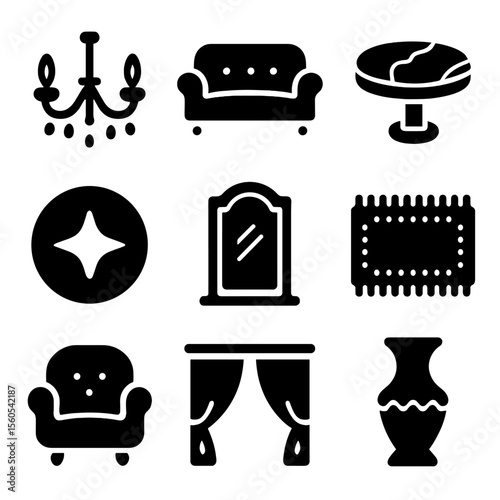 Luxury Interior Icons. Solid, filled icon set of luxury interior features: chandelier, velvet sofa, marble table, gold accents,