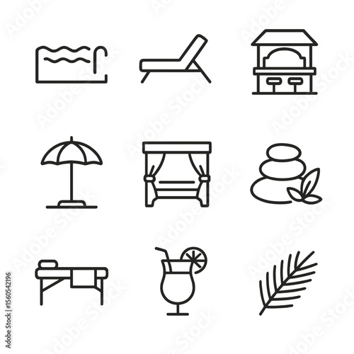 Luxury Resort Icons. Outline icon set of Luxury Resort Paradise: infinity pool, sun lounger, swim-up bar, pool umbrella, beach