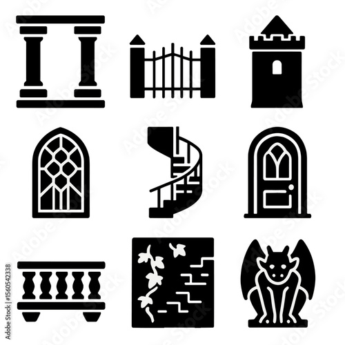 Mansion Icon Set. Solid, filled icon set of Old mansion architecture: stone pillars, iron gate, turret tower, stained glass window