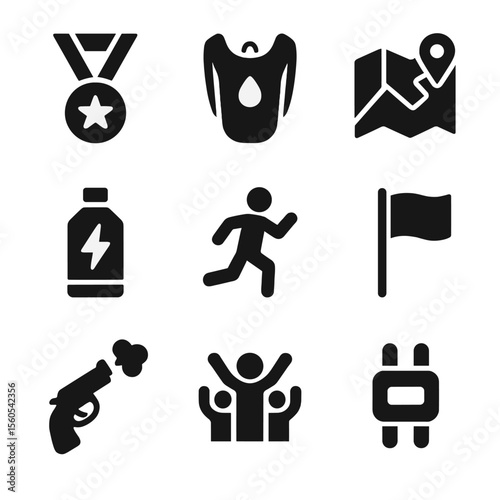 Marathon Essentials Icons. Solid, filled icon set of marathon essentials: medal, hydration pack, race map, energy gel, timing chip