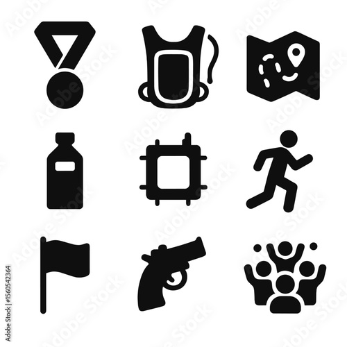 Marathon Essentials Icons. Solid, filled icon set of marathon essentials: medal, hydration pack, race map, energy gel, timing chip
