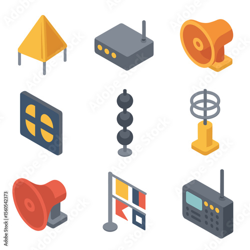 Marine Signal Icons. Isometric Flat icon set of buoy signal and communication: radar reflector panel, AIS transponder unit,