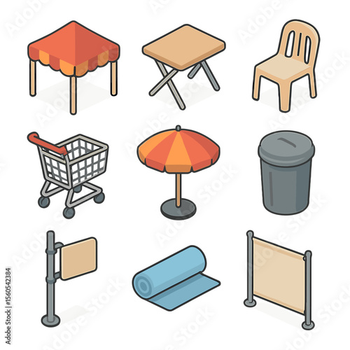 Market Tools Icons. Isometric Flat icon set of market infrastructure and tools: canopy tent, folding table, plastic chair,
