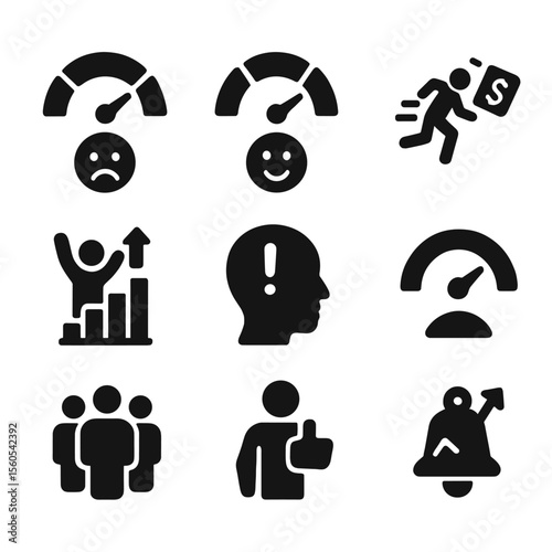 Market Sentiment Icons. Solid, filled icon set of market sentiment and psychology: fear gauge, greed meter, panic sell, rally