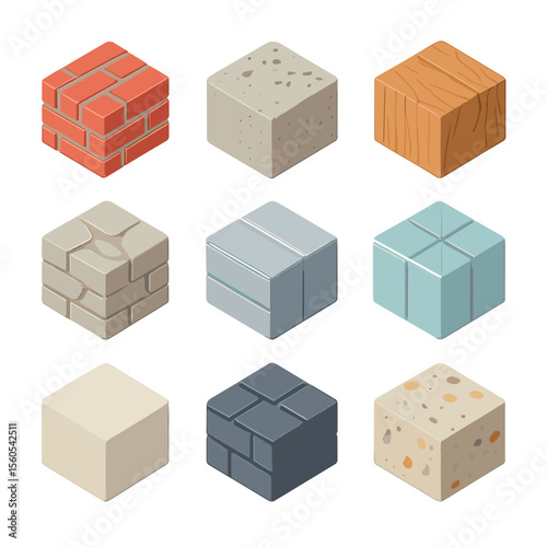 Isometric Material Textures. Isometric Flat icon set of material textures: exposed brick pattern, concrete aggregate, wooden plank
