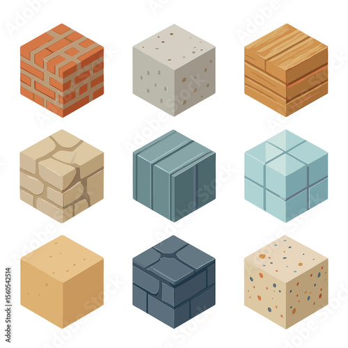 Isometric Material Textures. Isometric Flat icon set of material textures: exposed brick pattern, concrete aggregate, wooden plank