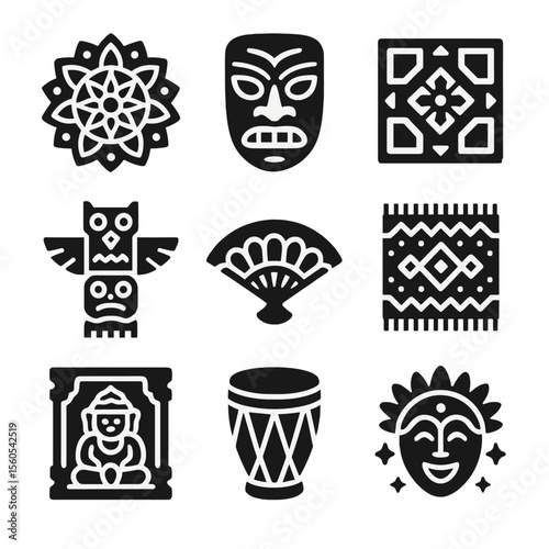 Maximalist Cultural Icon Grid. Solid, filled icon set of maximalist cultural motifs: mandala, tribal mask, mosaic tile, totem pole