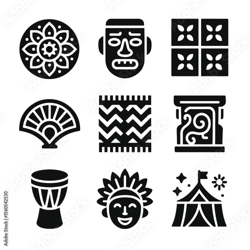 Maximalist Cultural Icon Grid. Solid, filled icon set of maximalist cultural motifs: mandala, tribal mask, mosaic tile, totem pole