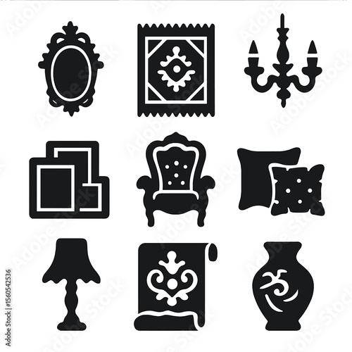 Maximalist Decor Icons. Solid, filled icon set of maximalist interior decor: ornate mirror, patterned rug, layered frames,