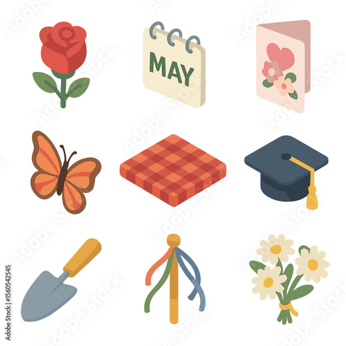 May Icon Set. Isometric Flat icon set of May: blooming rose, calendar page “May”, Mother’s Day card, picnic blanket, butterfly,
