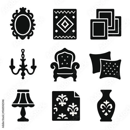 Maximalist Decor Icons. Solid, filled icon set of maximalist interior decor: ornate mirror, patterned rug, layered frames,