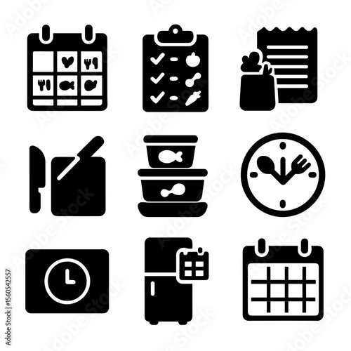 Meal Planning Icons. Solid, filled icon set of weekly meal planning: calendar with meals, food checklist, grocery list, prep icons