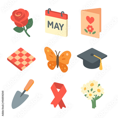 May Icon Set. Isometric Flat icon set of May: blooming rose, calendar page “May”, Mother’s Day card, picnic blanket, butterfly,
