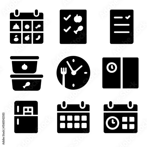 Meal Planning Icons. Solid, filled icon set of weekly meal planning: calendar with meals, food checklist, grocery list, prep icons