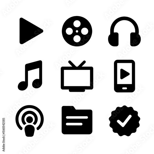 Media Subscription Icons. Solid, filled icon set of media subscriptions: play button, movie reel, headphones, music note, TV