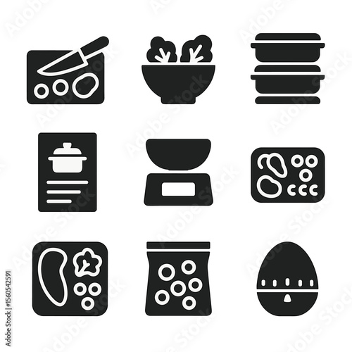 Meal Prep Icons. Solid, filled icon set of meal prep on clean surface: veggie chopping, salad bowl, meal containers, recipe card,