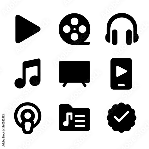 Media Subscription Icons. Solid, filled icon set of media subscriptions: play button, movie reel, headphones, music note, TV