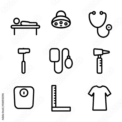 Medical Icon Set. Outline icon set of physical examination: patient lying on table, examination light, stethoscope, reflex hammer,