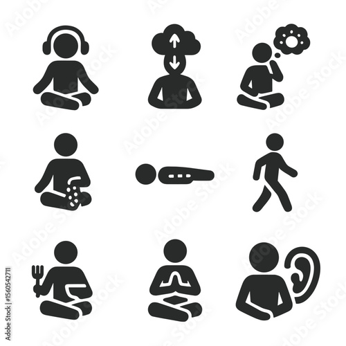 Meditation Techniques Icons. Solid, filled icon set of meditation techniques: guided meditation, breathing exercise, visualization