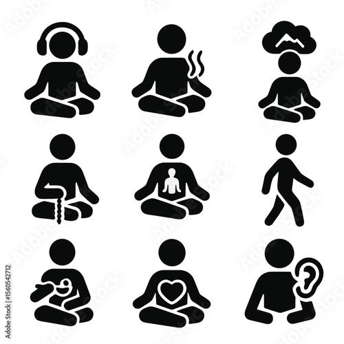 Meditation Techniques Icons. Solid, filled icon set of meditation techniques: guided meditation, breathing exercise, visualization