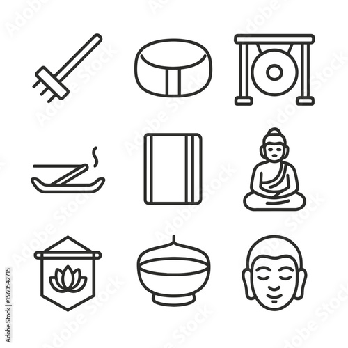 Meditation Icon Set. Outline icon set of meditation retreat objects: zen garden rake, meditation cushion, gong, singing bowl,
