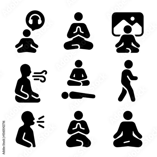 Meditation Icons Grid. Solid, filled icon set of meditation techniques: guided meditation, mantra, visualization, breathing