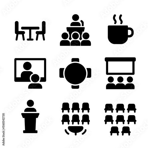 Meeting Settings Icons. Solid, filled icon set of meeting settings: office room, conference hall, coffee break, virtual meeting