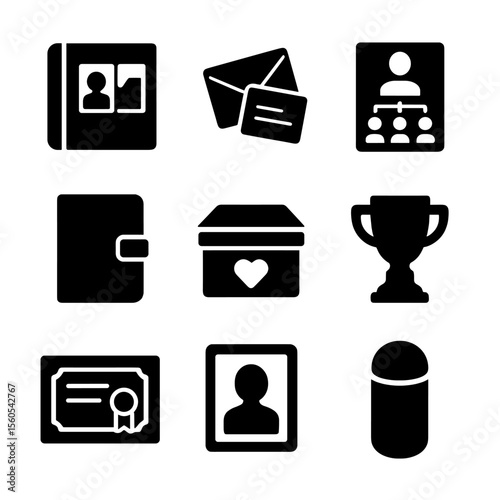 Memories and Legacy Icons. Solid, filled icon set of memories and legacy: photo album, old letters, family tree, diary, memory box