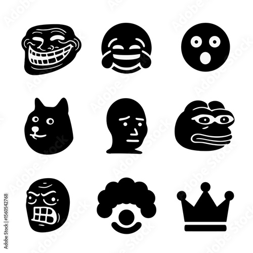 Meme Icon Grid. Solid, filled icon set of meme culture: troll face, crying laughing emoji, shocked reaction, doge head, wojak face
