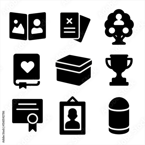 Memories and Legacy Icons. Solid, filled icon set of memories and legacy: photo album, old letters, family tree, diary, memory box
