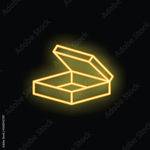 Neon sign depicting an open box glowing on a black background