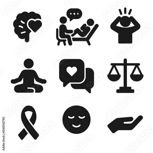 Mental Health Icons. Solid, filled icon set of mental health support at work: brain with heart, therapy session, stress relief,