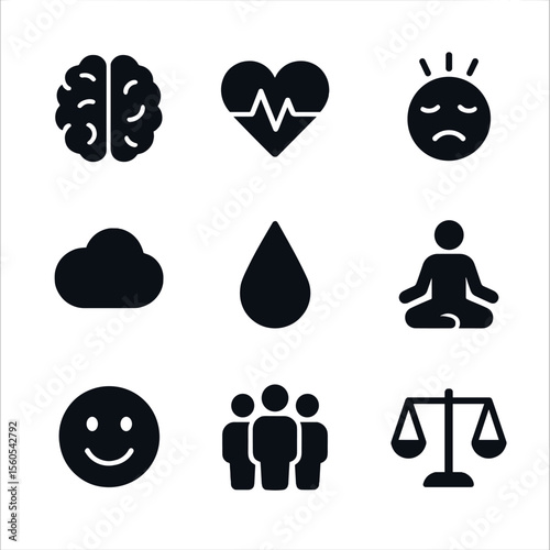 Mental Health Icons. Solid, filled icon set of mental health and pressure: brain, heart with pulse, stress icon, cloud, tear,