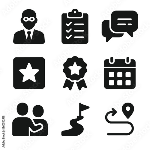 Mentorship Icon Set. Solid, filled icon set of mentorship and coaching: mentor figure, clipboard, checklist, conversation, star,