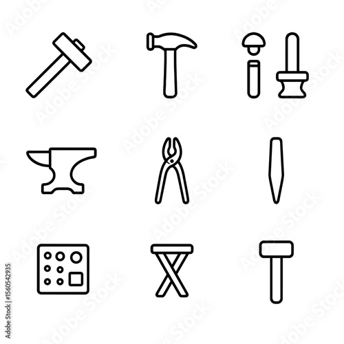 Metalworking Icon Set. Outline icon set of metalworking uses: forging hammer, planishing hammer, riveting set, metal chisel, anvil