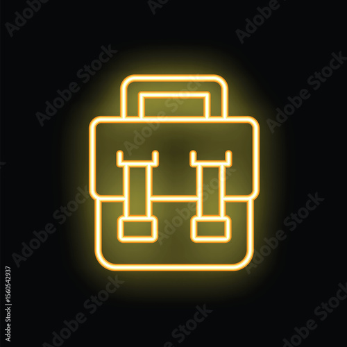 Glowing neon icon of a school bag, radiating a vibrant yellow light against a dark background