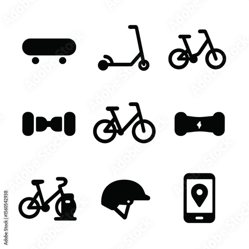 Micromobility Icon Set. Solid, filled icon set of micromobility options: skateboard, kick scooter, folding bike, hoverboard, city
