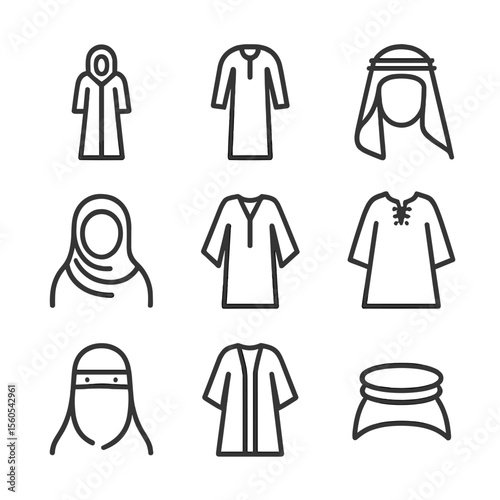 Middle Eastern Dress Icons. Outline icon set of Middle Eastern traditional dress: abaya, thawb, keffiyeh, hijab, kaftan, jalabiya,