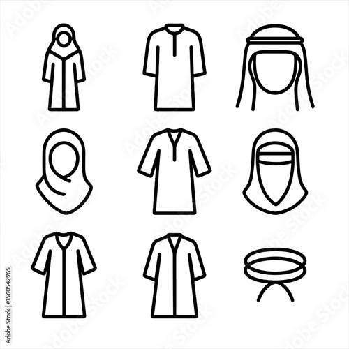 Middle Eastern Dress Icons. Outline icon set of Middle Eastern traditional dress: abaya, thawb, keffiyeh, hijab, kaftan, jalabiya,