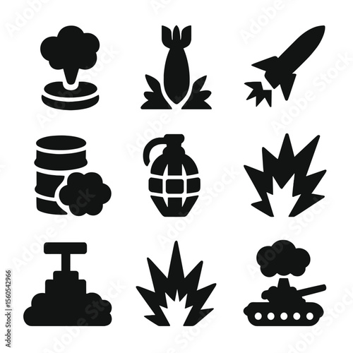 Military Explosive Icons. Solid, filled icon set of military detonations: landmine, artillery shell, missile strike, explosive
