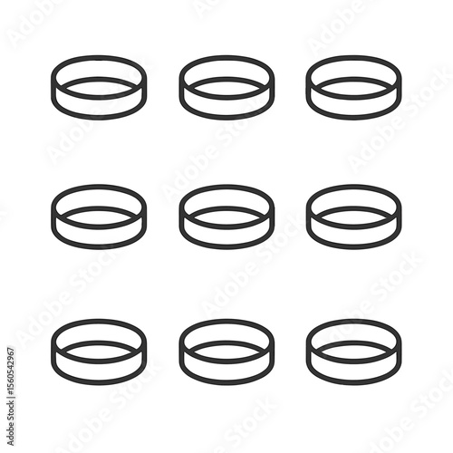 Metal Band Icons. Outline icon set of precious metal bands: platinum band, white gold band, yellow gold band, rose gold band,