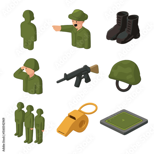 Military Drill Icon Set. Isometric Flat icon set of military drill discipline: soldier silhouette, drill sergeant, marching boots,