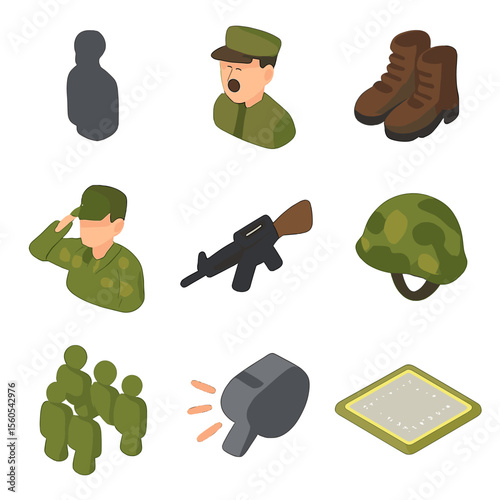 Military Drill Icon Set. Isometric Flat icon set of military drill discipline: soldier silhouette, drill sergeant, marching boots,