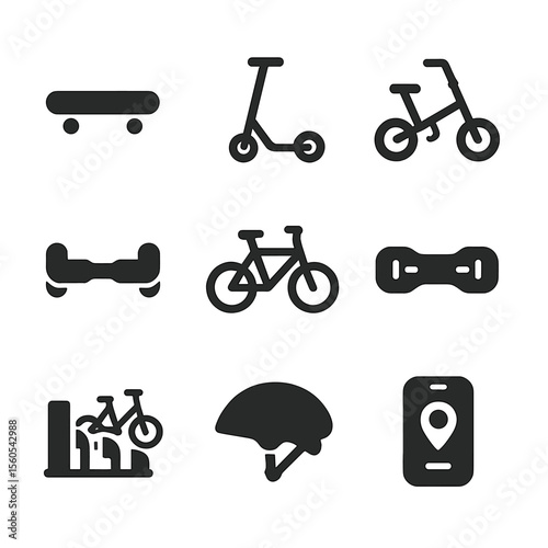 Micromobility Icon Set. Solid, filled icon set of micromobility options: skateboard, kick scooter, folding bike, hoverboard, city