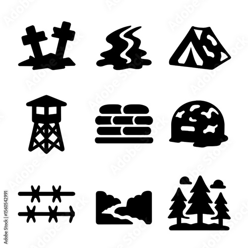 Military Landscape Icons. Solid, filled icon set of military landscape features: broken fence, muddy trail, camo tent, lookout