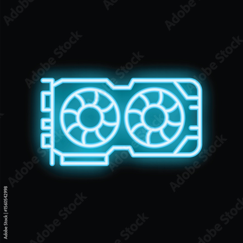 Bright blue neon icon depicting a computer graphics card with two prominent cooling fans, isolated on a black background